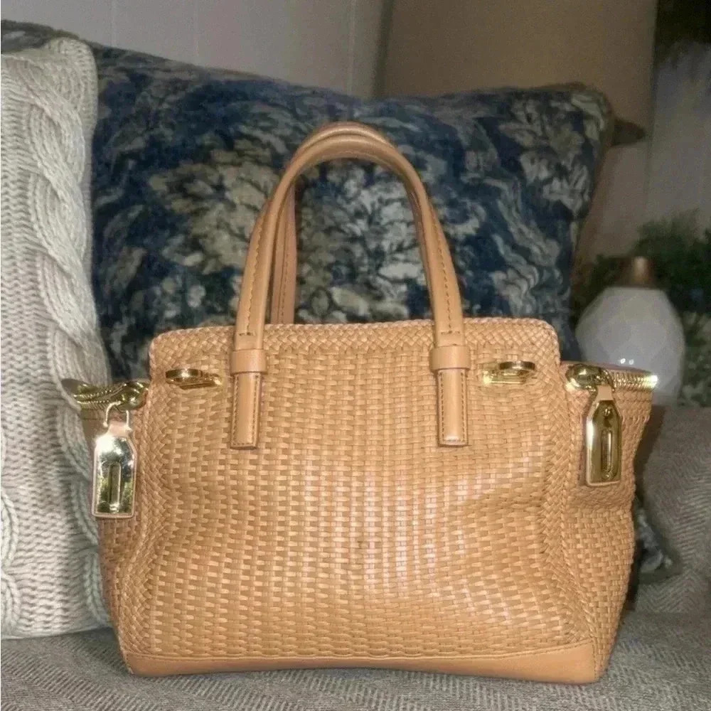 SALVATORE FERRAGAMO Woven, Designer Luxury Handbag, Camel, Leather Purse